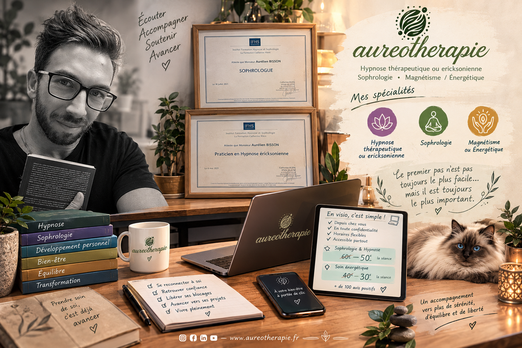 Portrait d'Aurélien Bisson, hypnothérapeute et sophrologue, avec ses diplômes et certifications